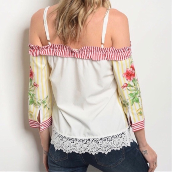 Yellow Striped Floral Off the Shoulder Top​​ - Picture 3 of 3